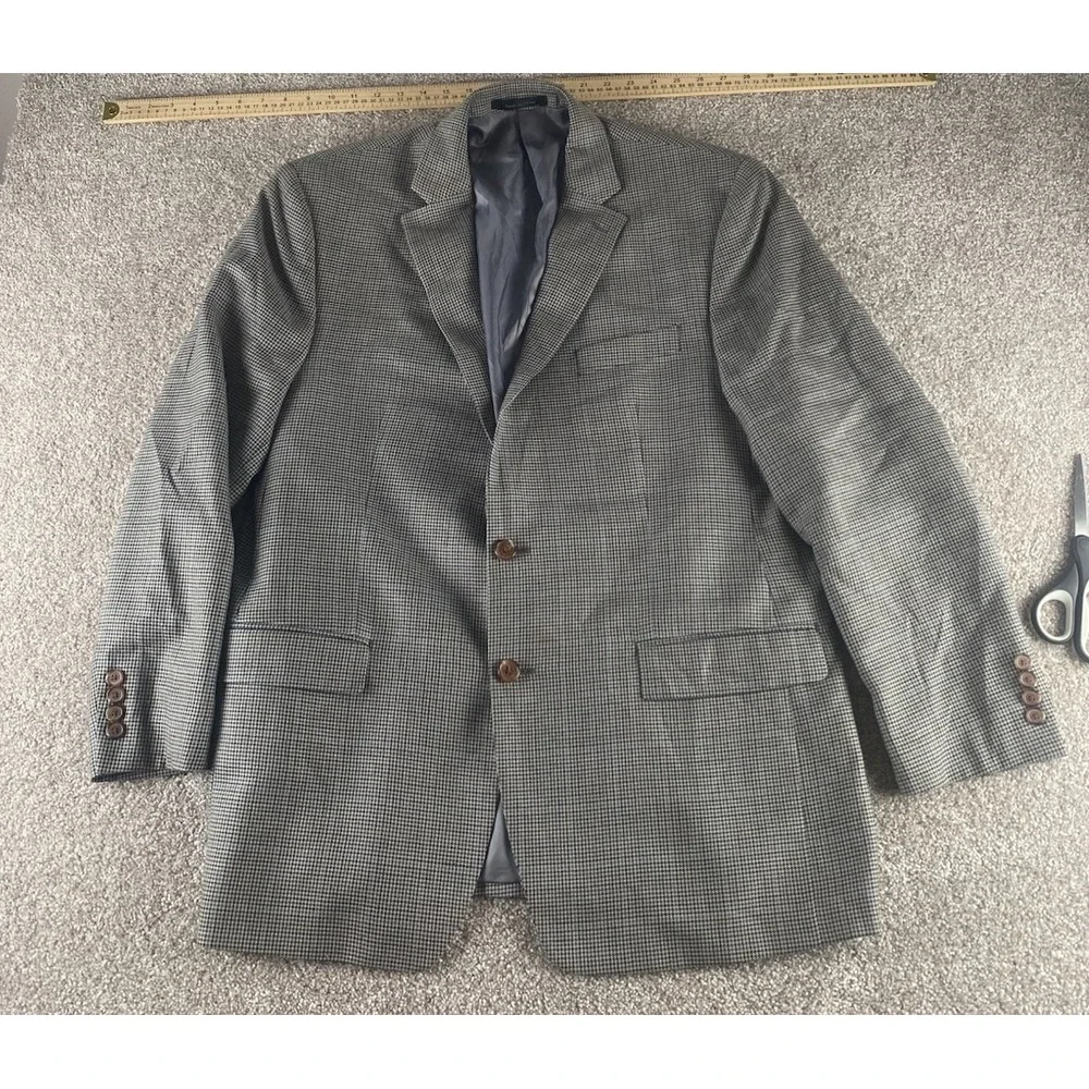 Lauren Ralph Lauren Beige/Blue Houndstooth Blazer Mens 44R Wool/Silk Preppy Work